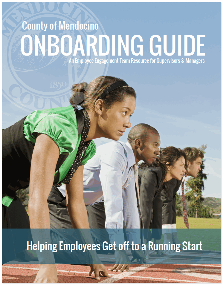 Onboarding Guide Flyer - photo of employees dressed in business casual about to start a foot race with the text Helping Employees get Off to a Running Start