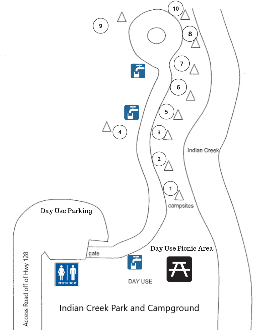 Indian Creek Campsite Map, including ten campsites, restroom location, and the day use picnic area