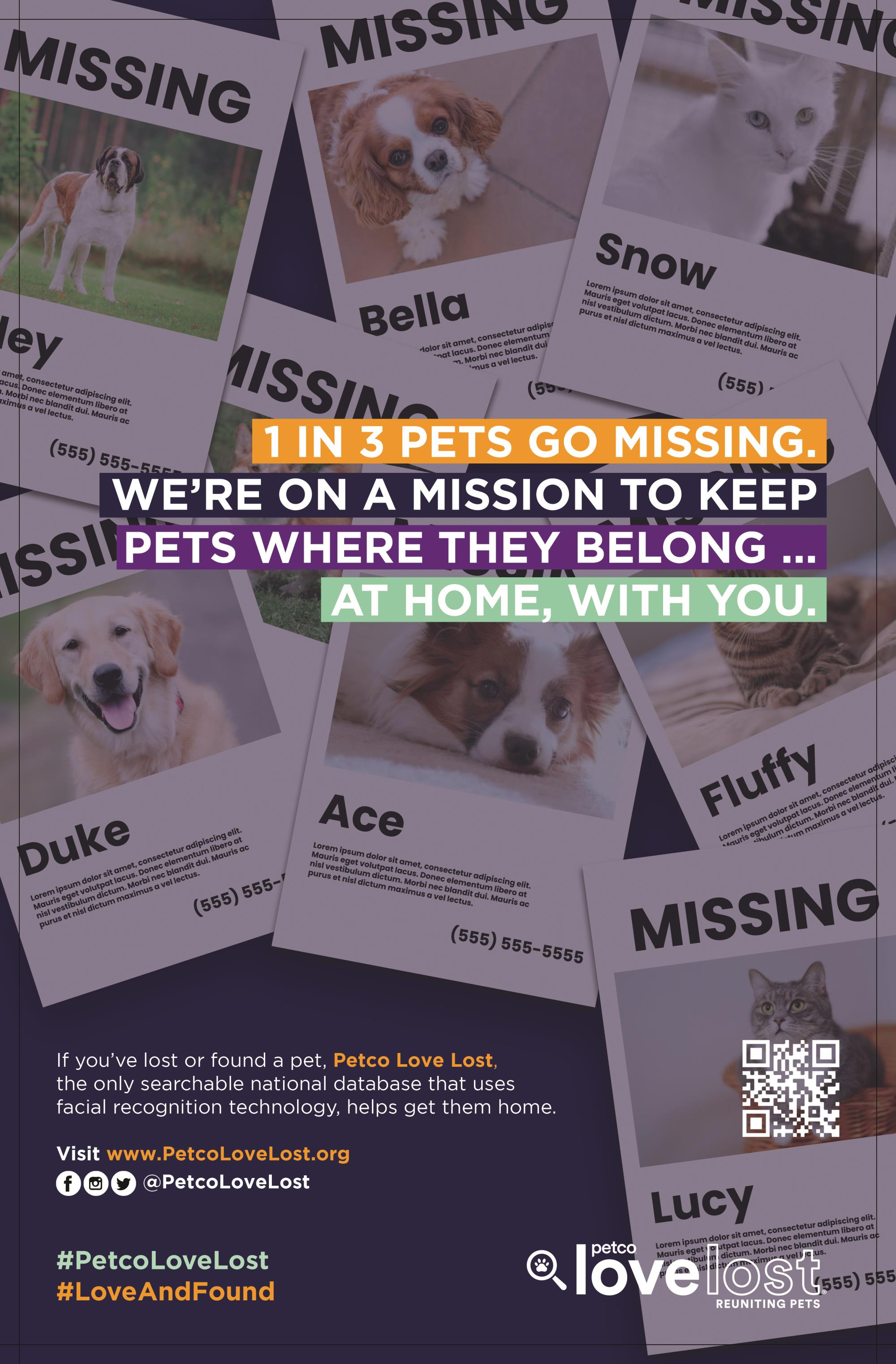 A Petco flyer that has several missing pet photos and says 1 in 3 pets go missing; we're on a mission to keep pets where they belong...at home with you