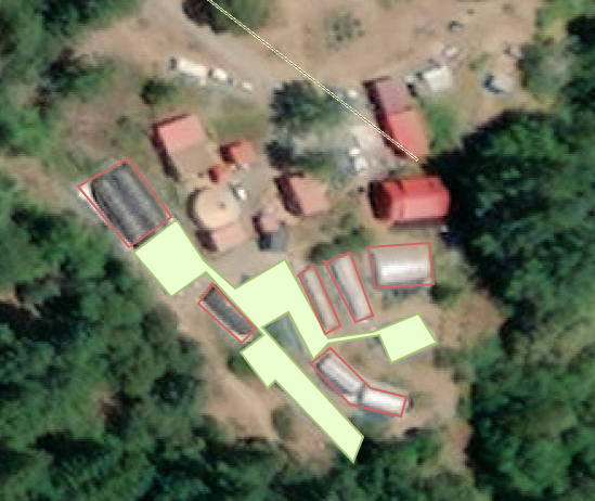 Aerial photo of the parcel with section highlighted in green to indicate new cultivation areas and in green to indicate the original cultivation sites