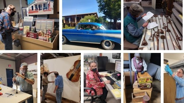 Photo collage of museum volunteers preforming various duties 