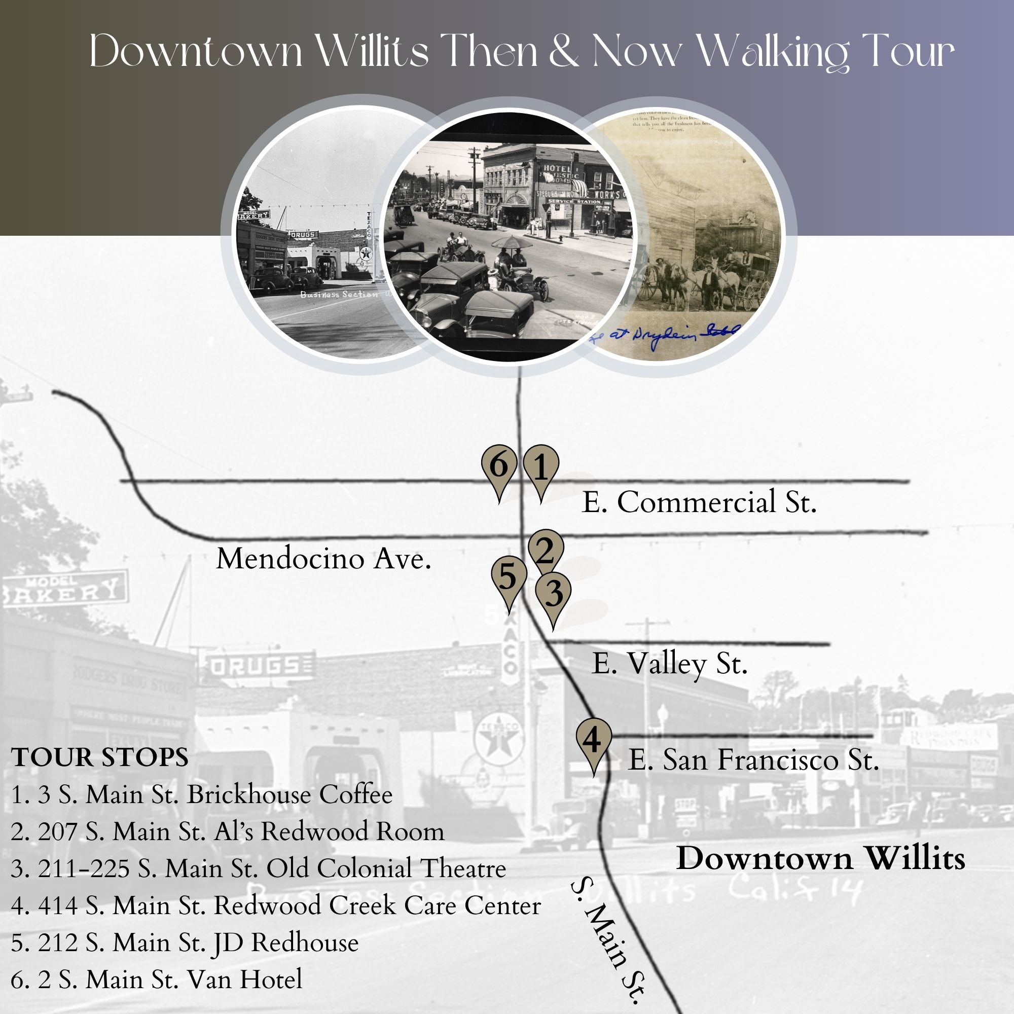 Walking tour map of downtown Willits. 