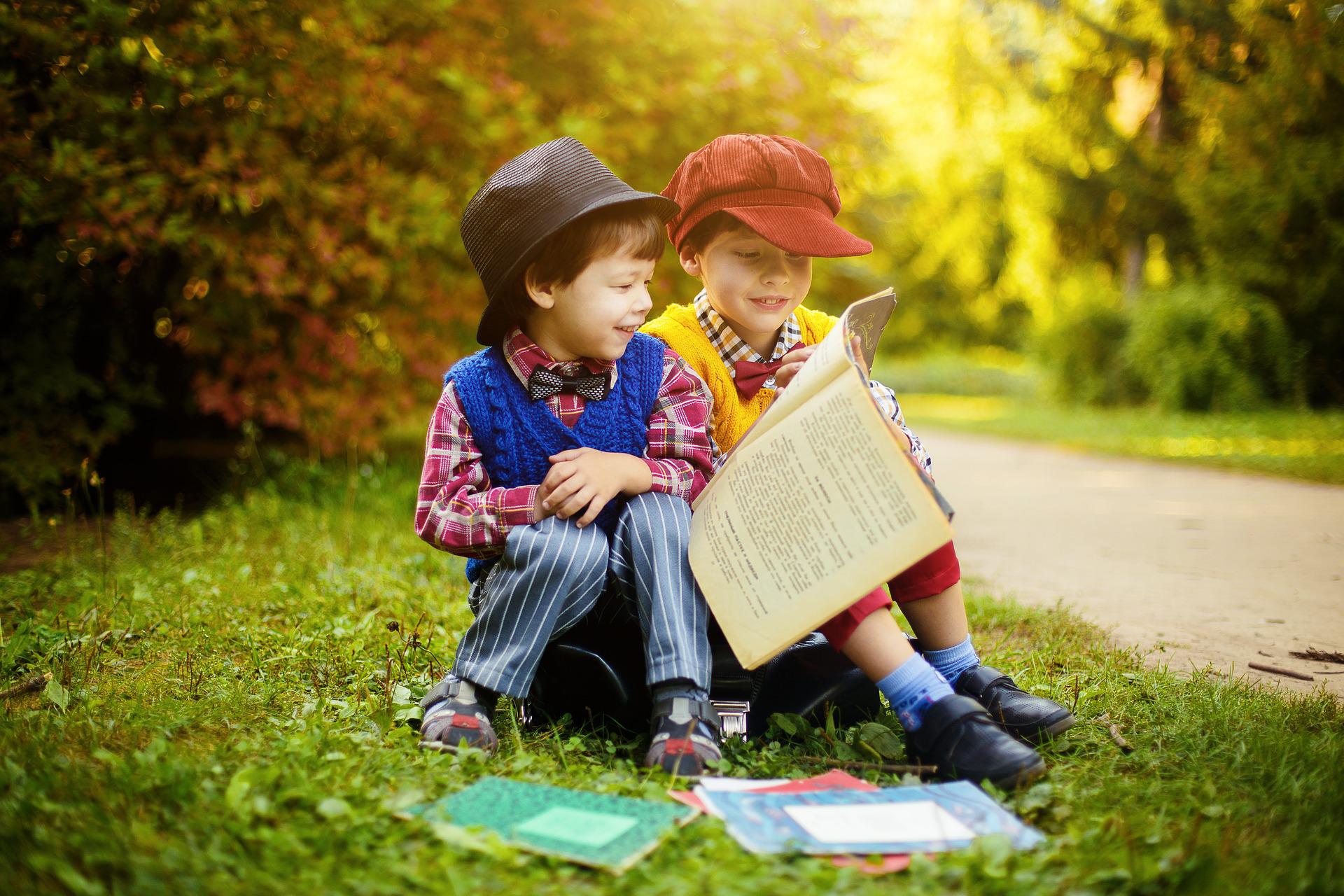 Two boys surrounded by books in a park.