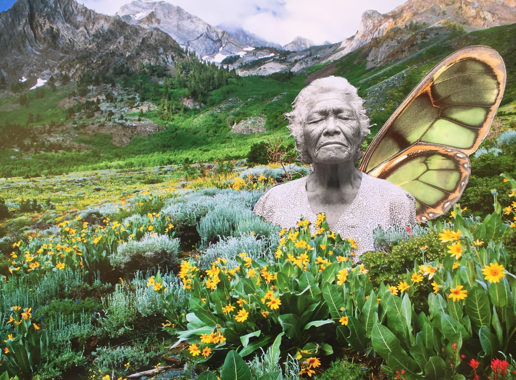 collage of woman with eyes closed, one wing, in a high desert wildflower landscape.