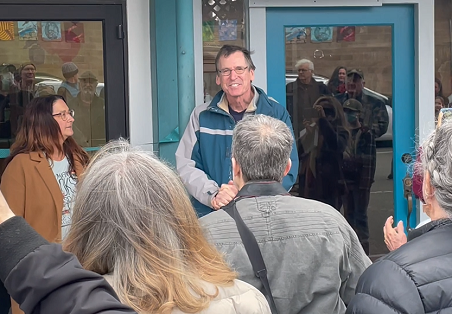 Laytonville Grand Opening with crowd of people in front of Laytonville library.