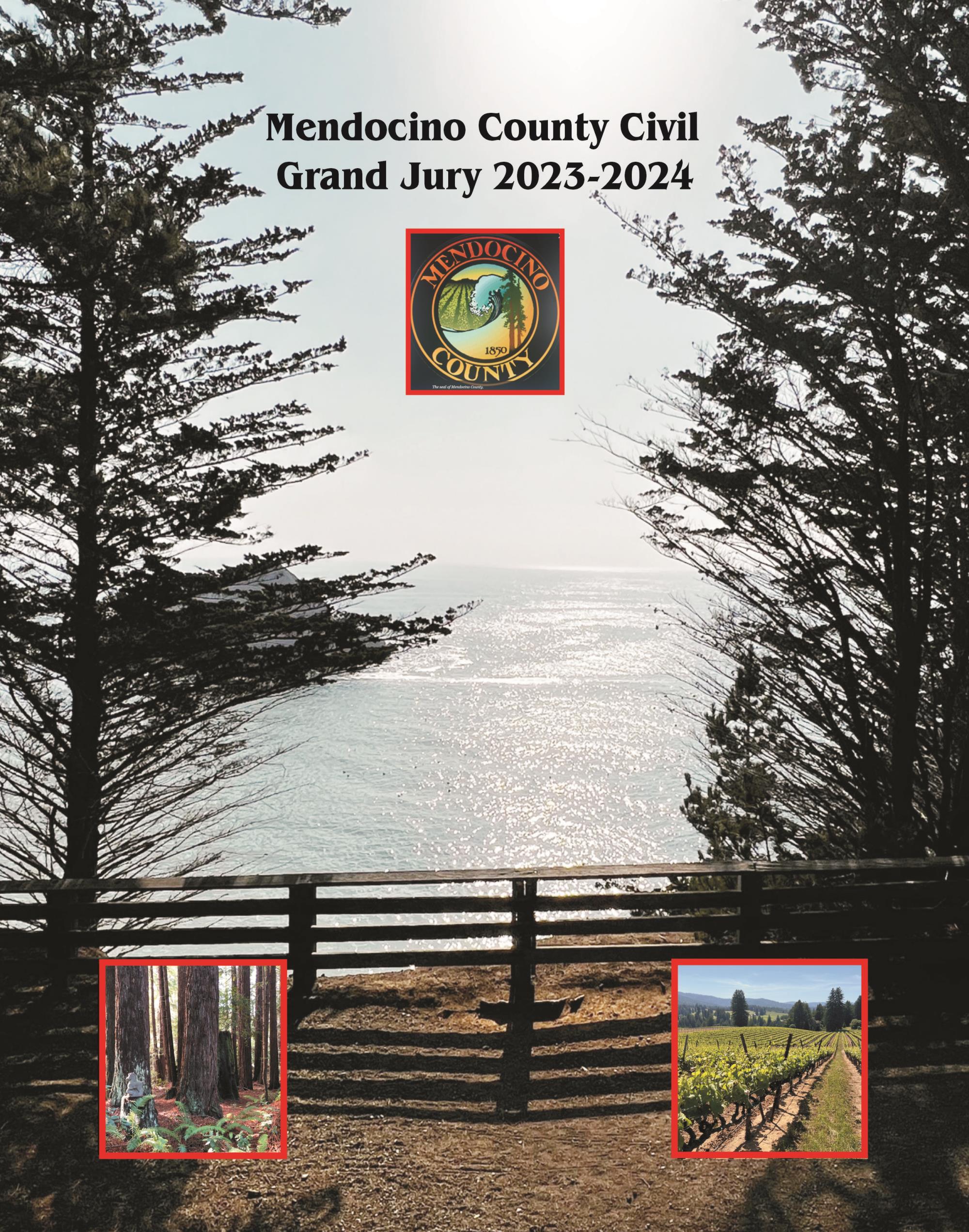 Grand Jury 2023/24 Report cover - photo of the ocean from a Mendocino County road