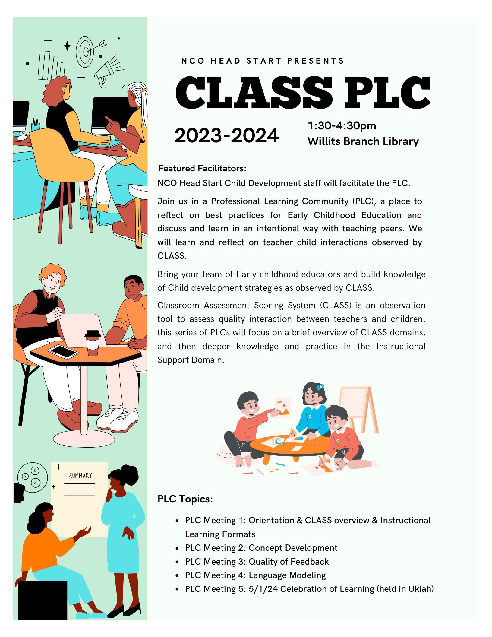 Flyer with images of people reading and learning.