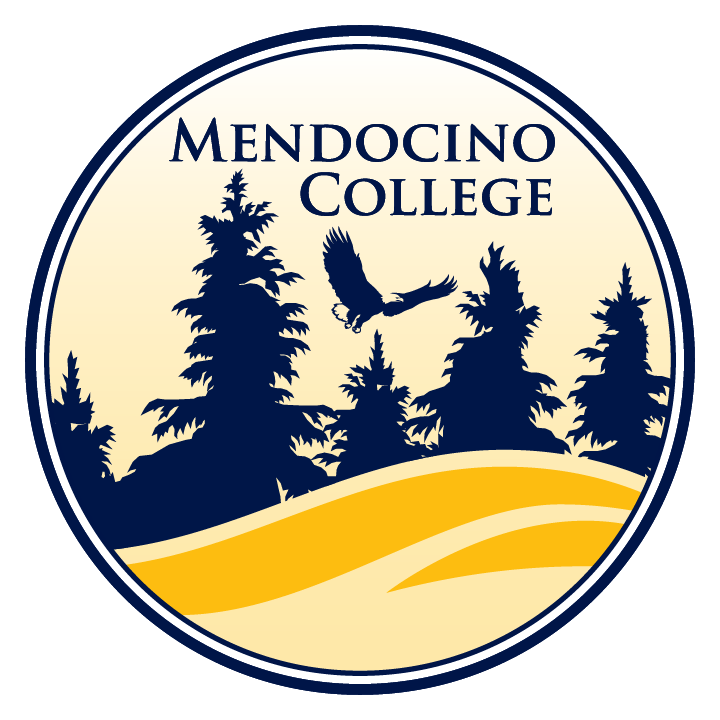 Mendocino College Logo - Redwood trees with an eagle flying above.