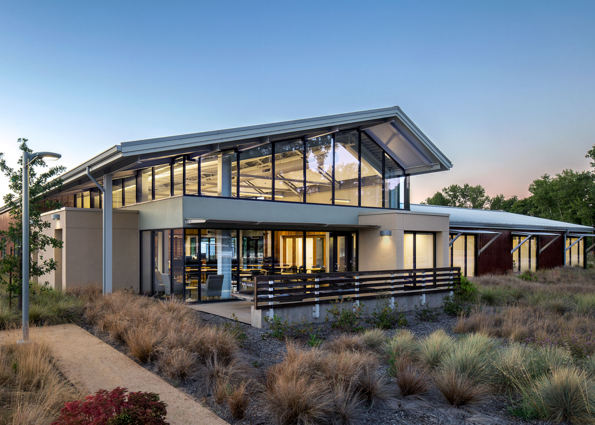 Modern Building with peaked roof. 