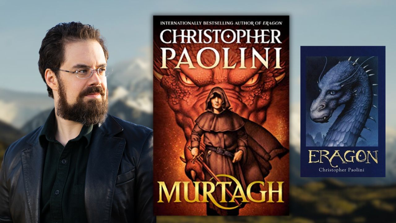 Author Christopher Paolini with his books "Murtagh" and "Eragon."