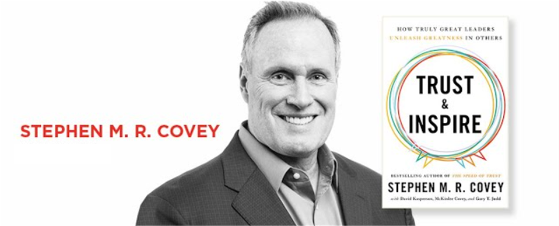 Banner with a photo of Stephen M. R. Covey and his book Trust & Inspire