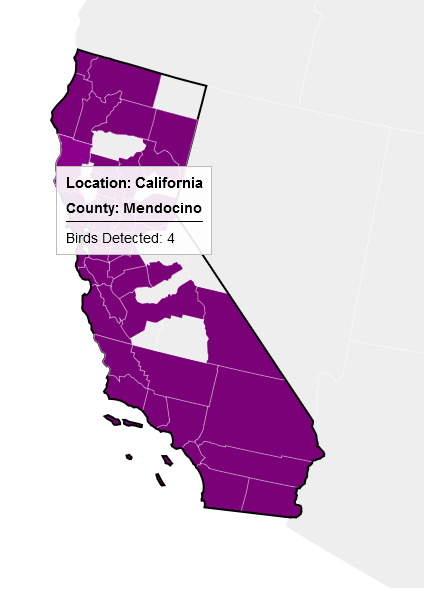 Map of California with darkened counties showing which counties have had cases of Avian Flu - it reads Location: California, County: Mendocino, Birds Detected: 4