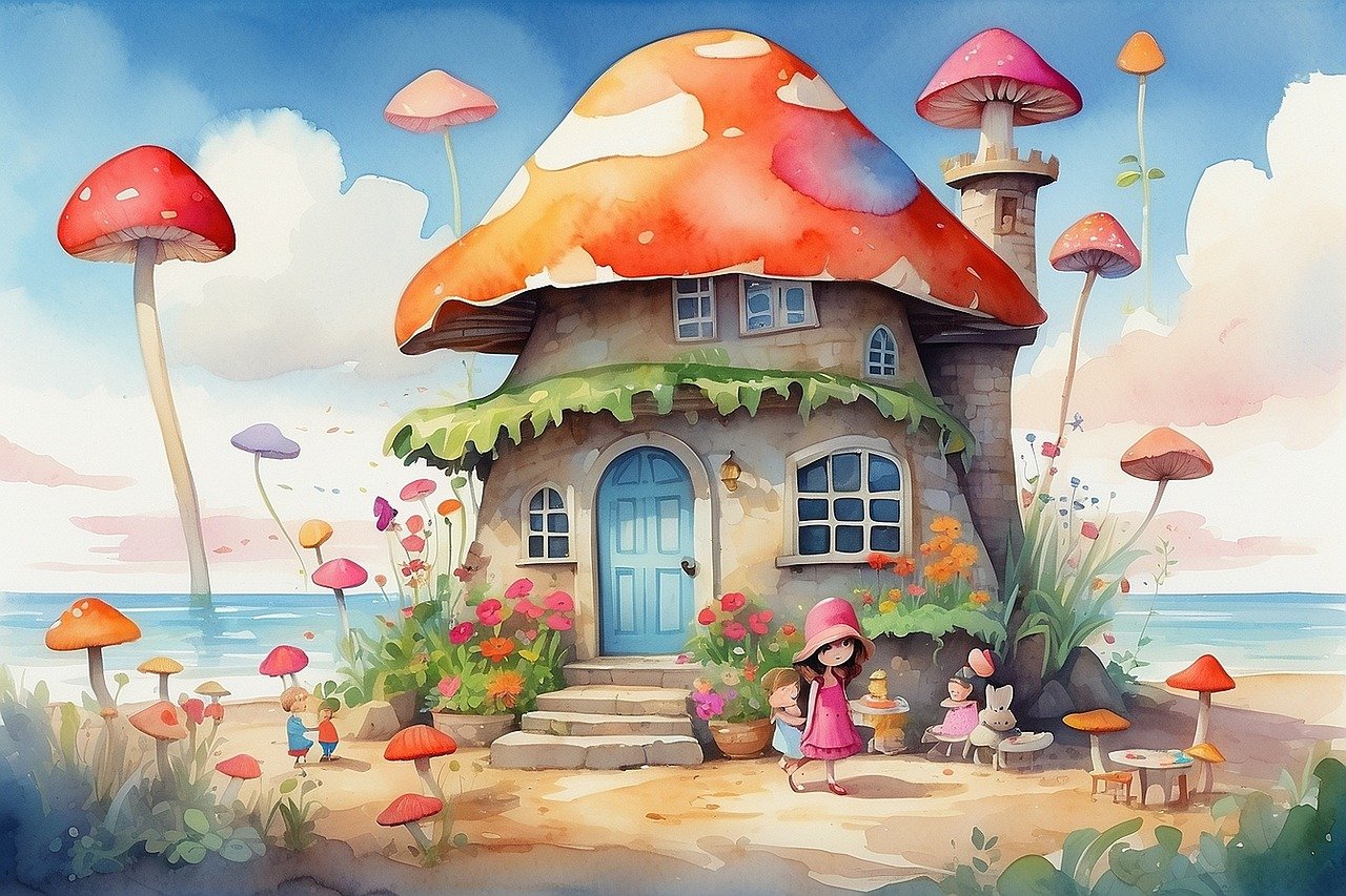 fantasy mushroom house on beach with kids in front yard.