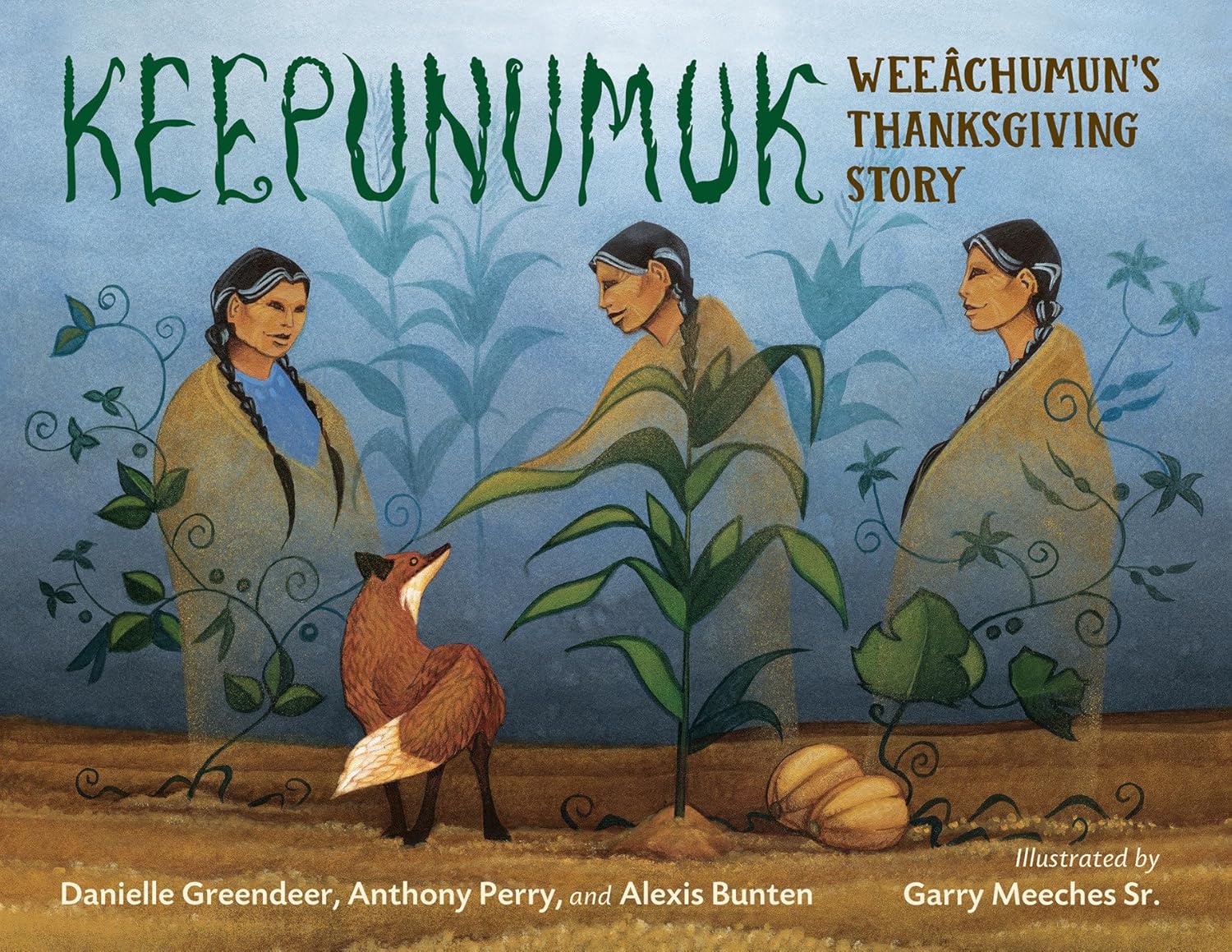 book cover with three indigenous female spirits and a fox.