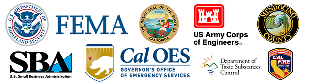 Disaster web footer - a collage of icons including, Homeland Security, USSBA, Cal OES, the State of California, US Army Corp of Engineers, Mendocino County, Department of toxic substances control, and Cal Fire