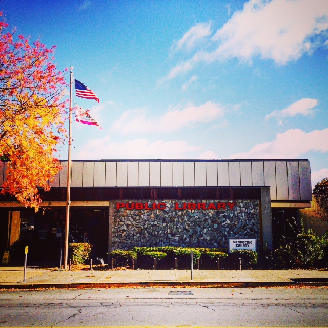 Exterior of the Ukiah Library building with flagpole and tree on an autumn day.